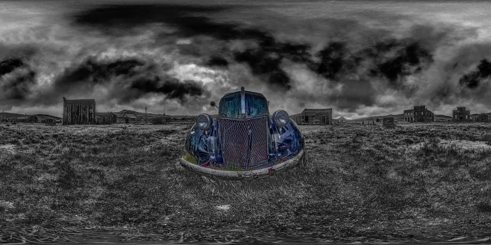 360° panorama of an abandoned car in the ghost town of Bodie, California